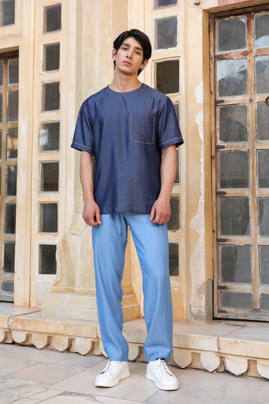 Dark Blue Crew Neck Denim T-Shirt