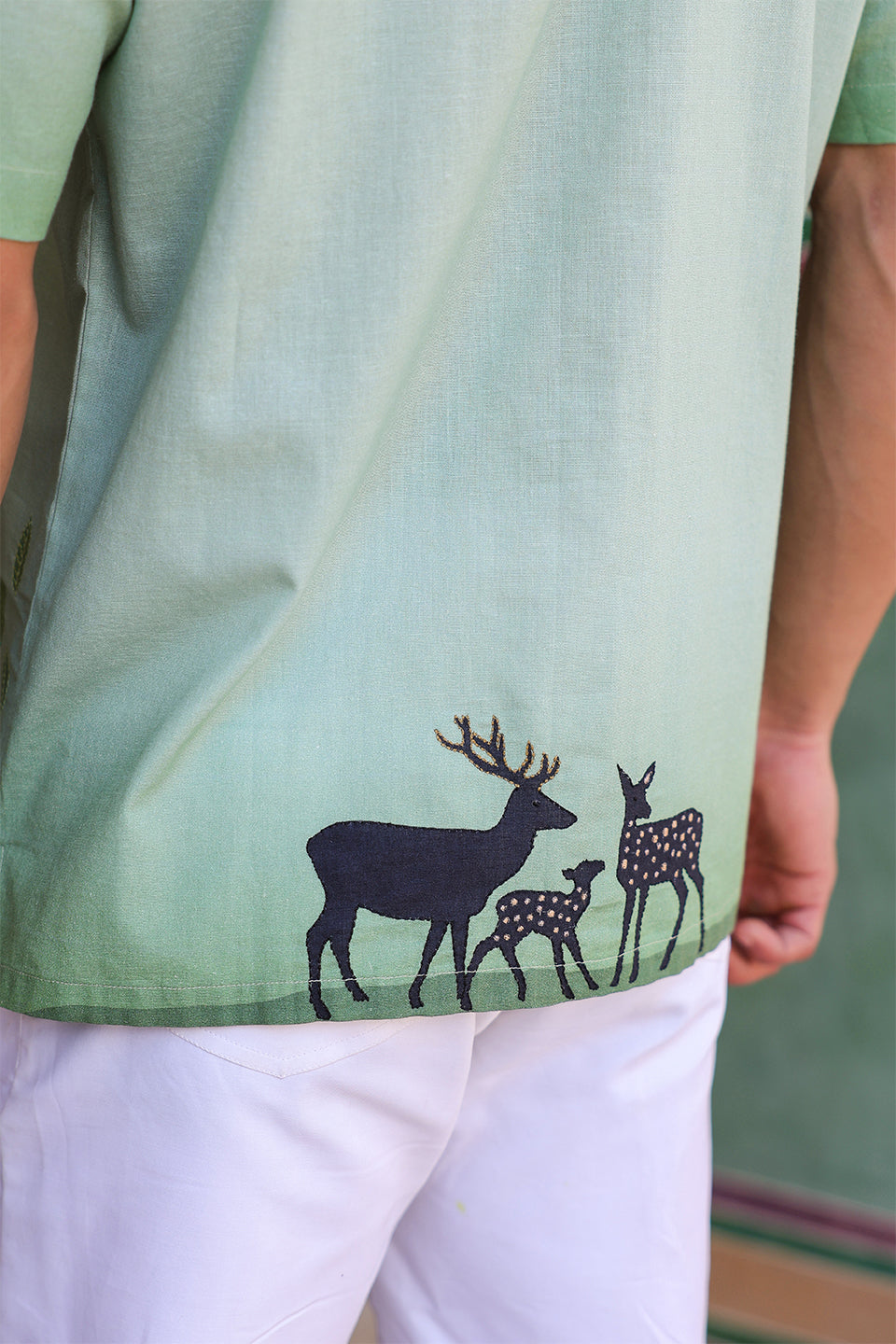 Green Embroidered Cuban Collar Shirt Deer