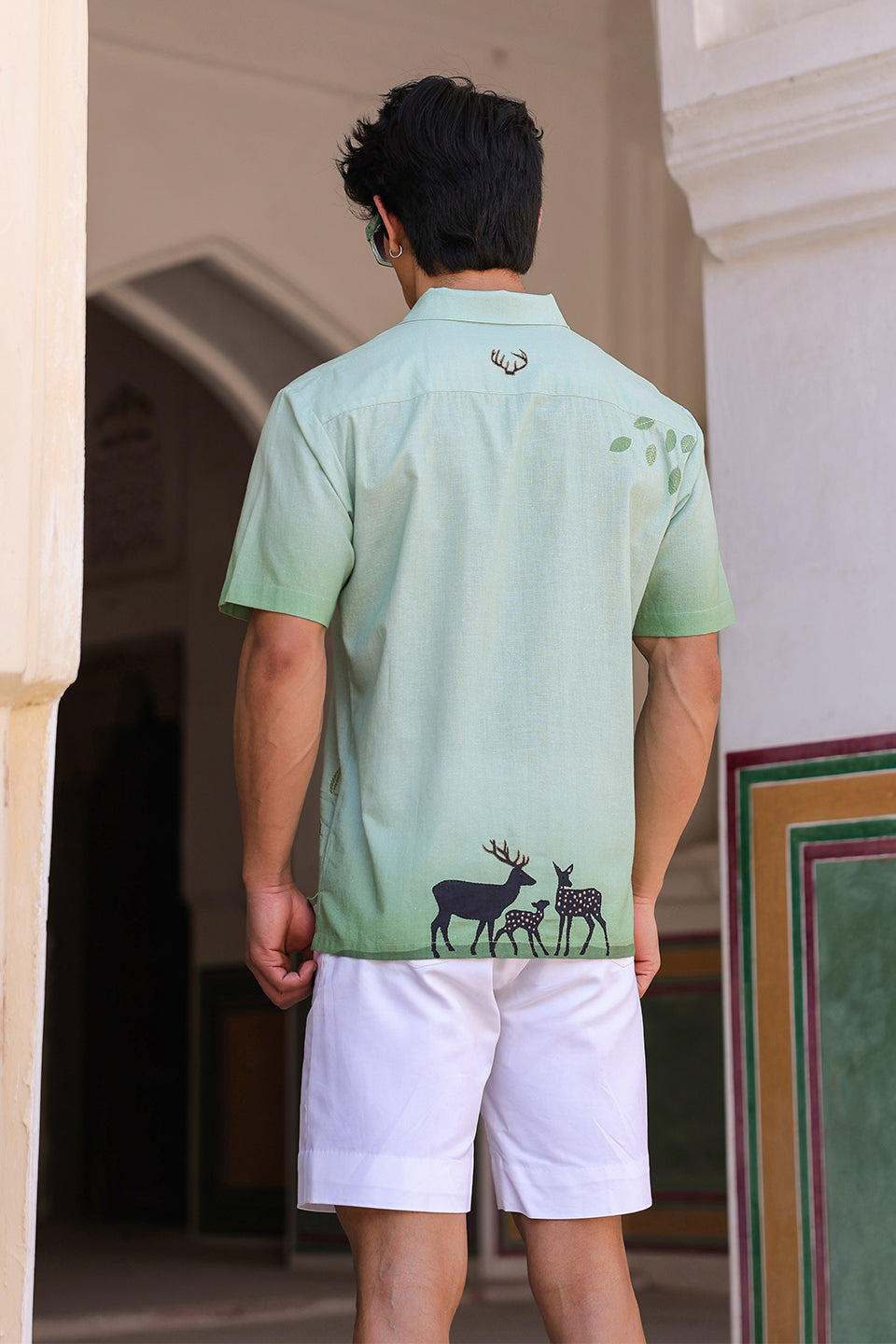 Green Embroidered Cuban Collar Shirt Deer