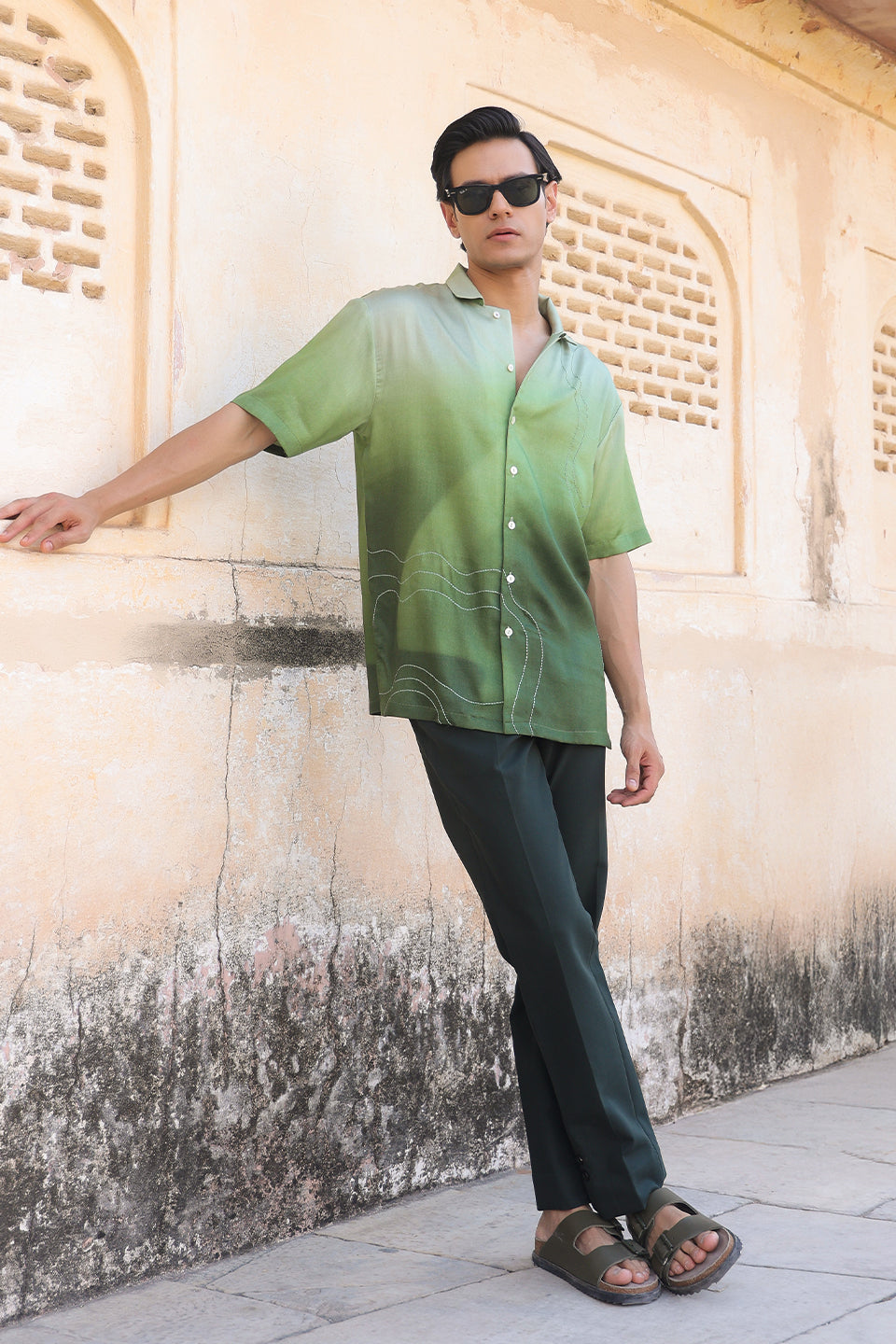 Green Ombre Embroidered Cuban Collar Shirt
