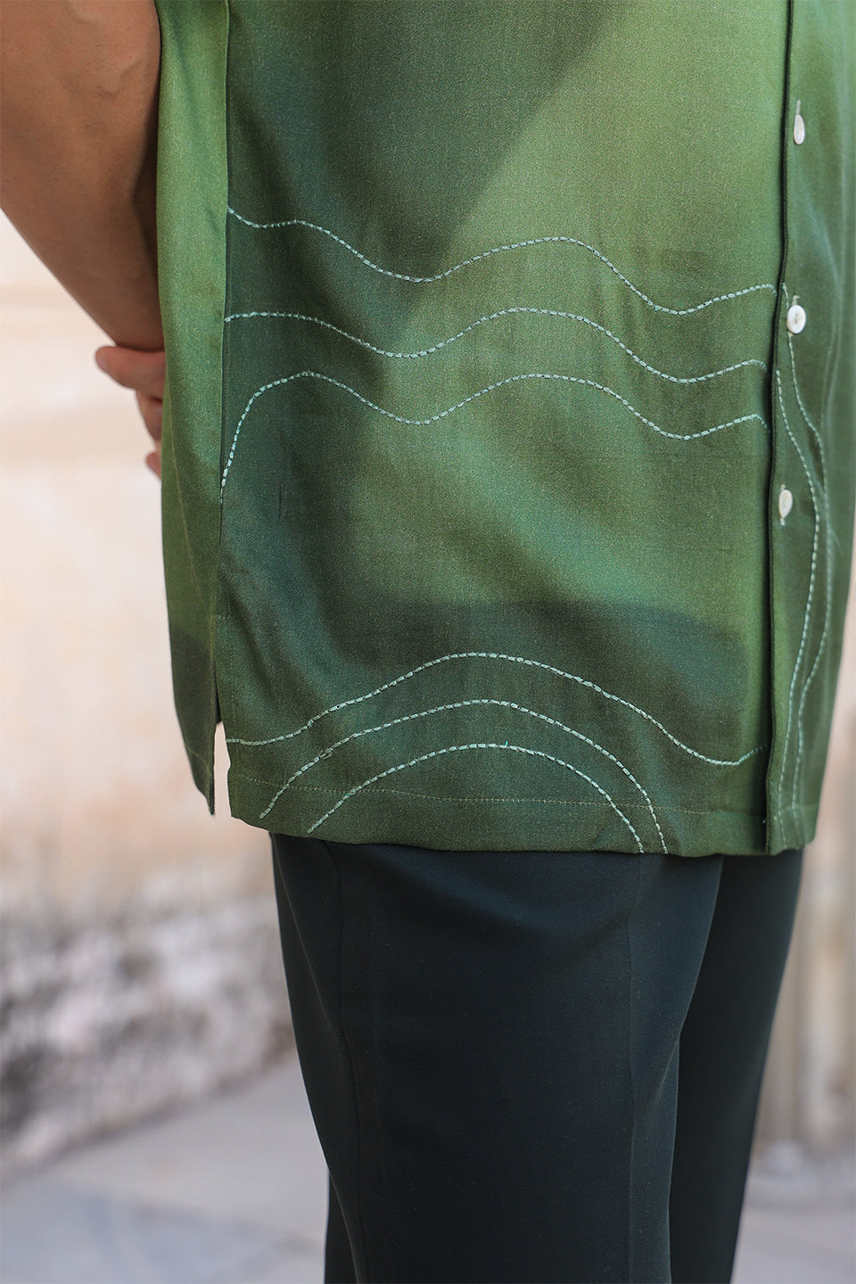 Green Ombre Embroidered Cuban Collar Shirt