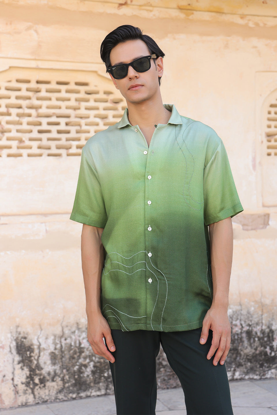 Green Ombre Embroidered Cuban Collar Shirt