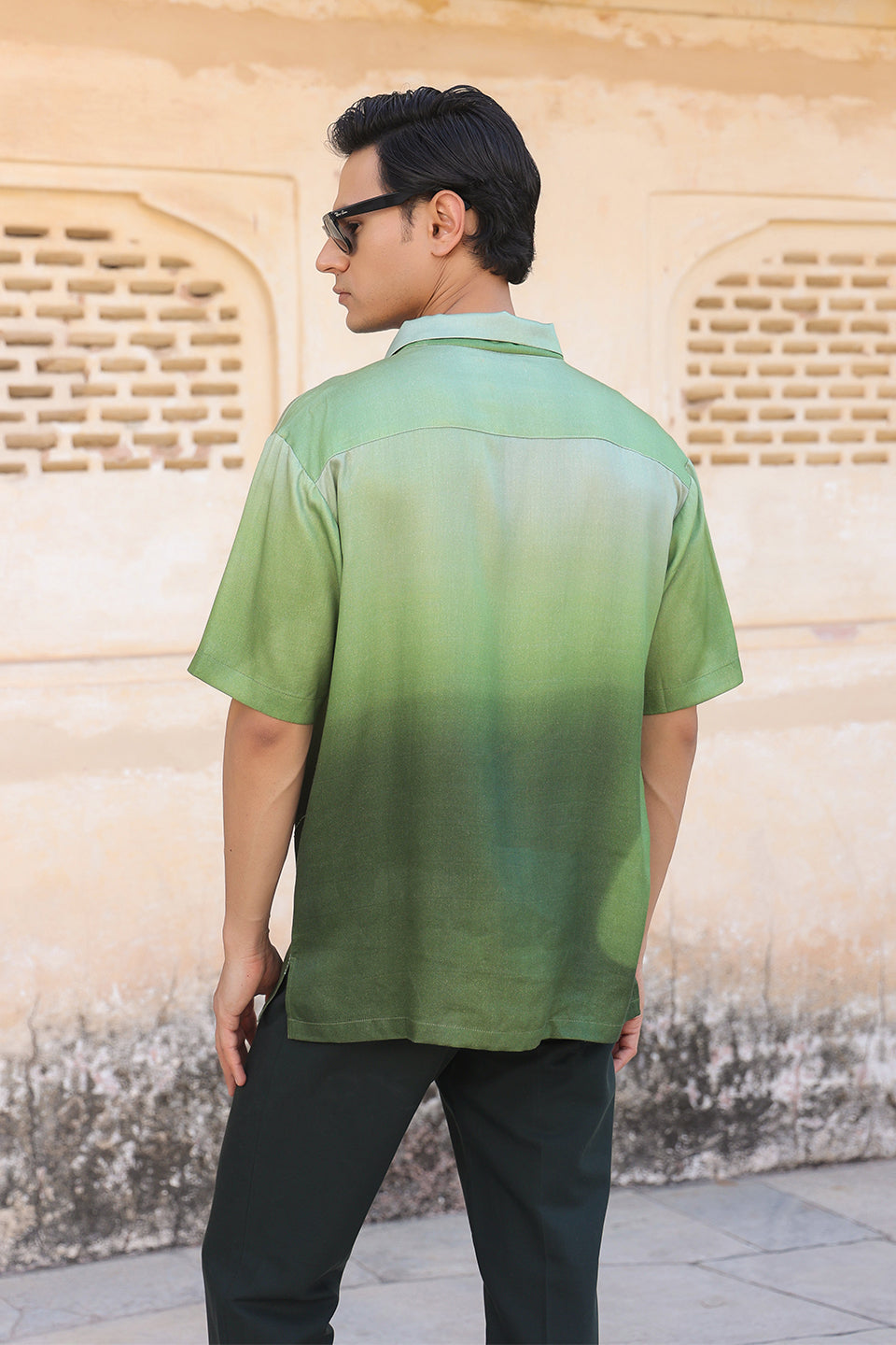 Green Ombre Embroidered Cuban Collar Shirt