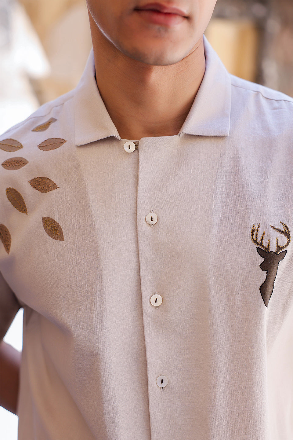 Ivory Embroidered Cuban Collar Shirt Deer