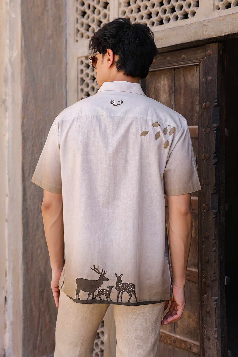 Ivory Embroidered Cuban Collar Shirt Deer
