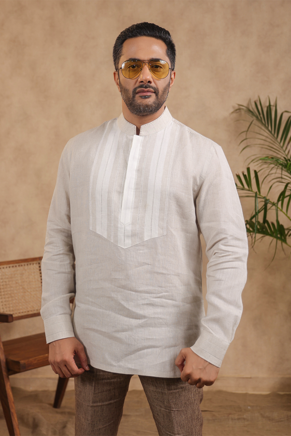 Full Sleeves Mandarin Collar Signature Kurta Shirt With Striped Yoke