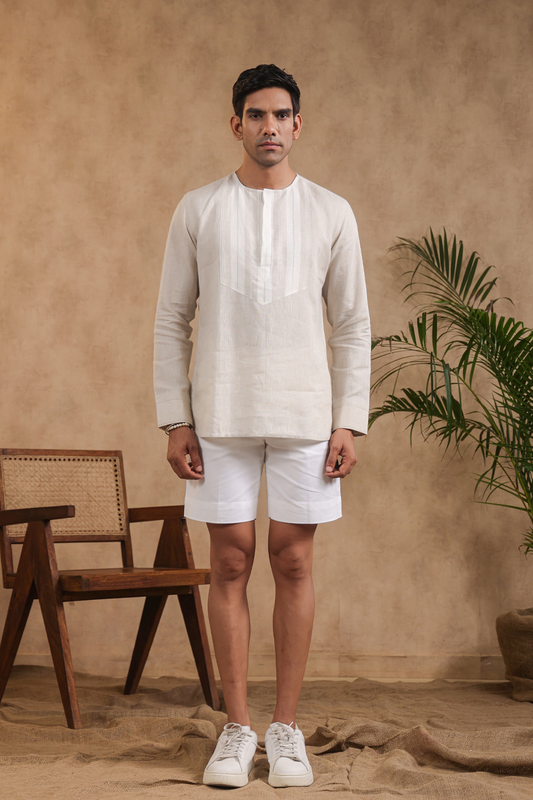 Full Sleeves Collarless Signature Kurta Shirt With Striped Yokes