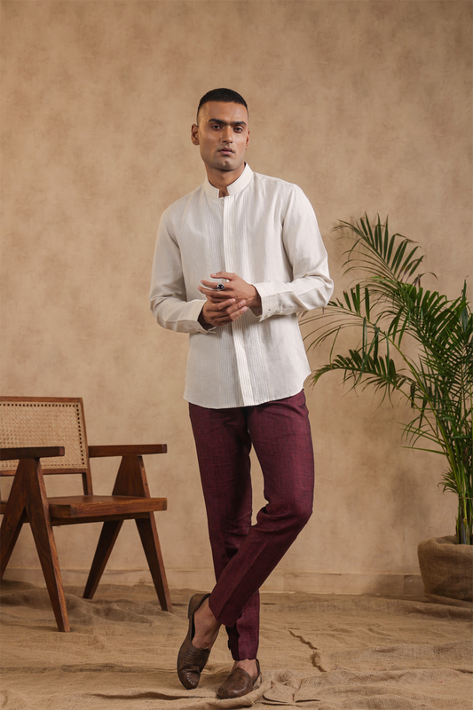 Full Sleeves Mandarin Collar Shirt With Stripe Yoke