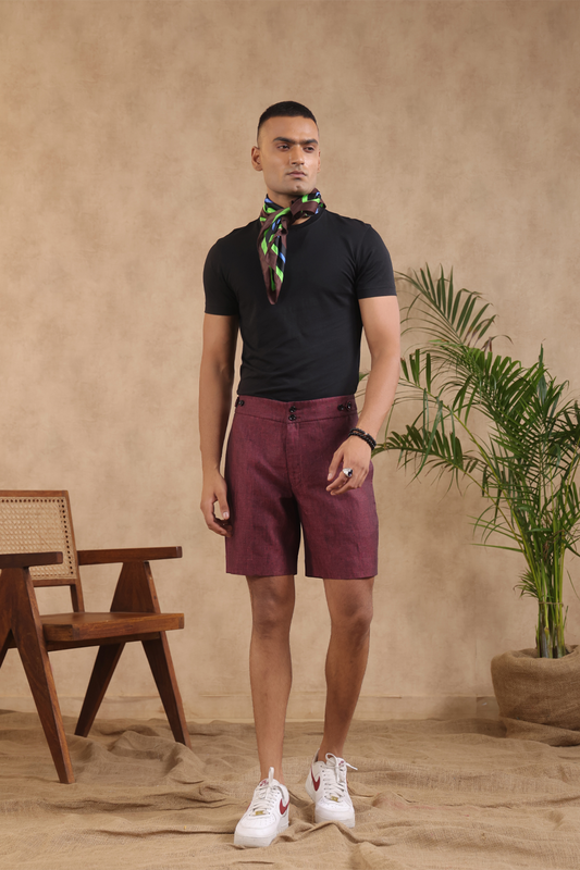Wine Waist Button Linen Shorts