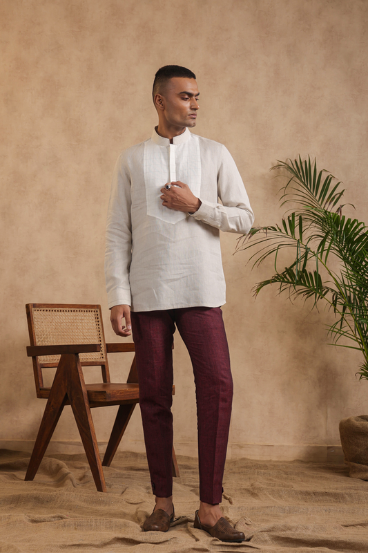 Full Sleeves Mandarin Collar Signature Kurta Shirt With Checkered Yoke
