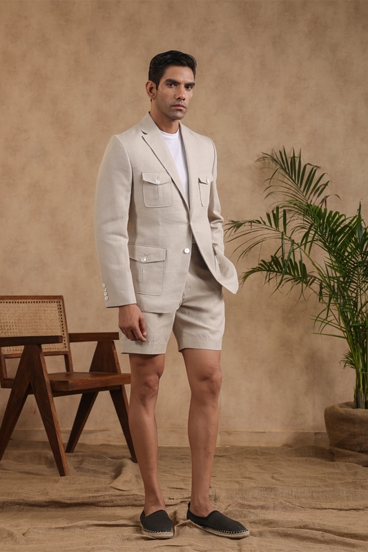 Beige Four Patch Pocket Half Lined Blazer