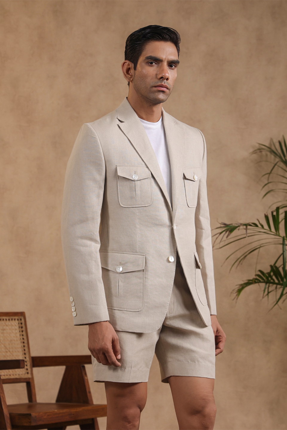 Beige Four Patch Pocket Half Lined Blazer