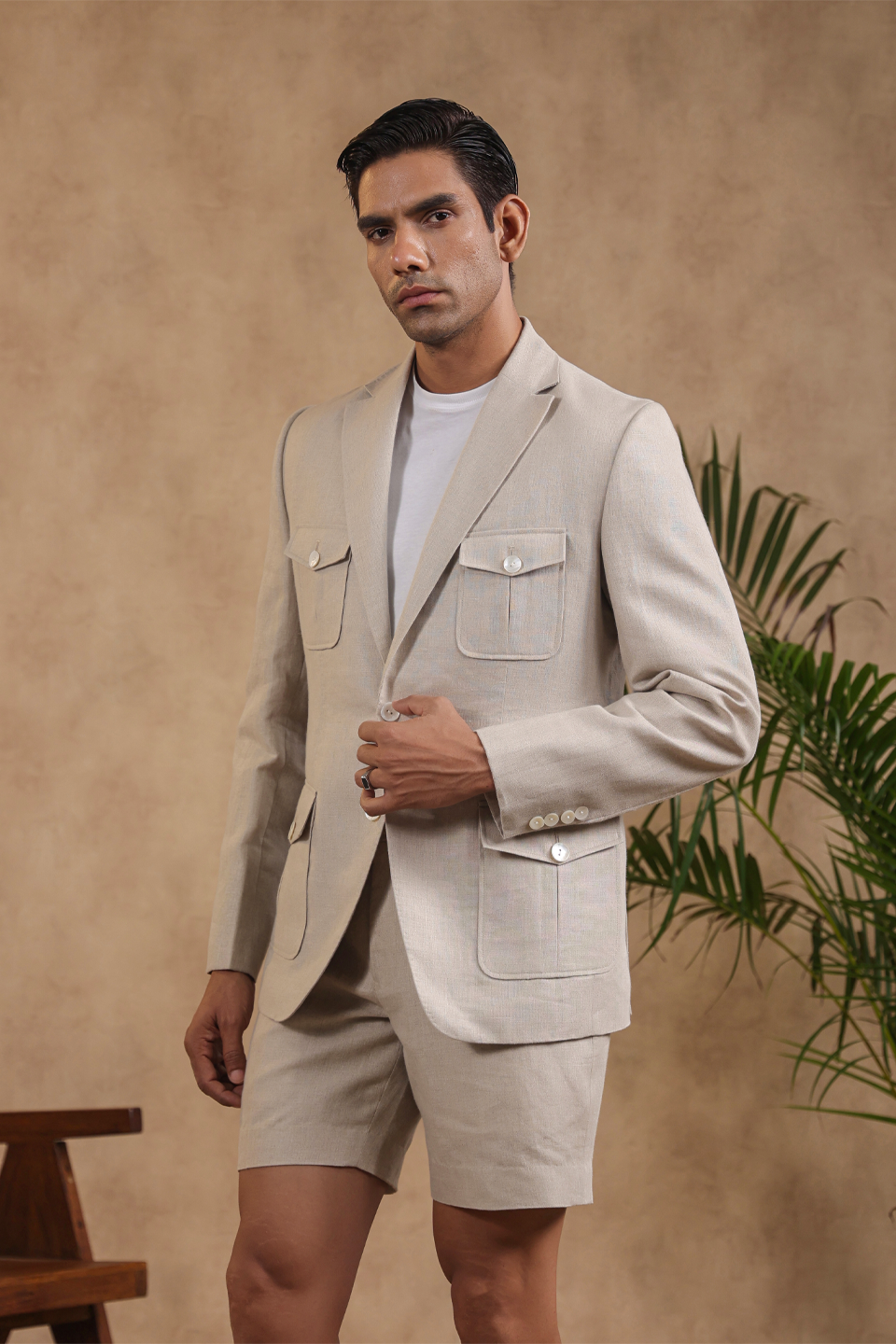Beige Four Patch Pocket Half Lined Blazer