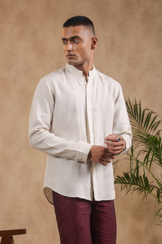 Full Sleeves Mandarin Collar Shirt With Stripe Yoke
