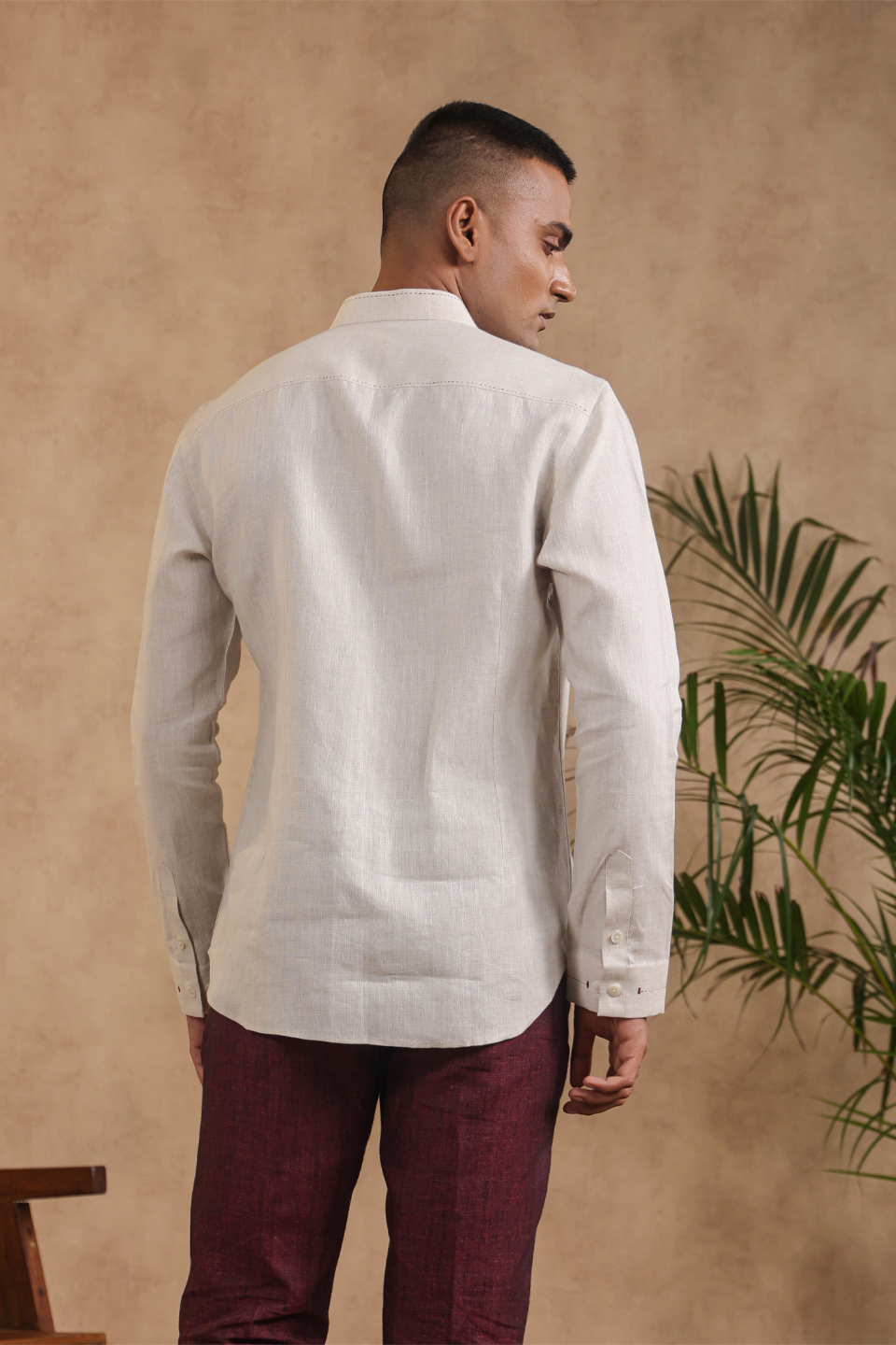 Full Sleeves Mandarin Collar Shirt With Stripe Yoke