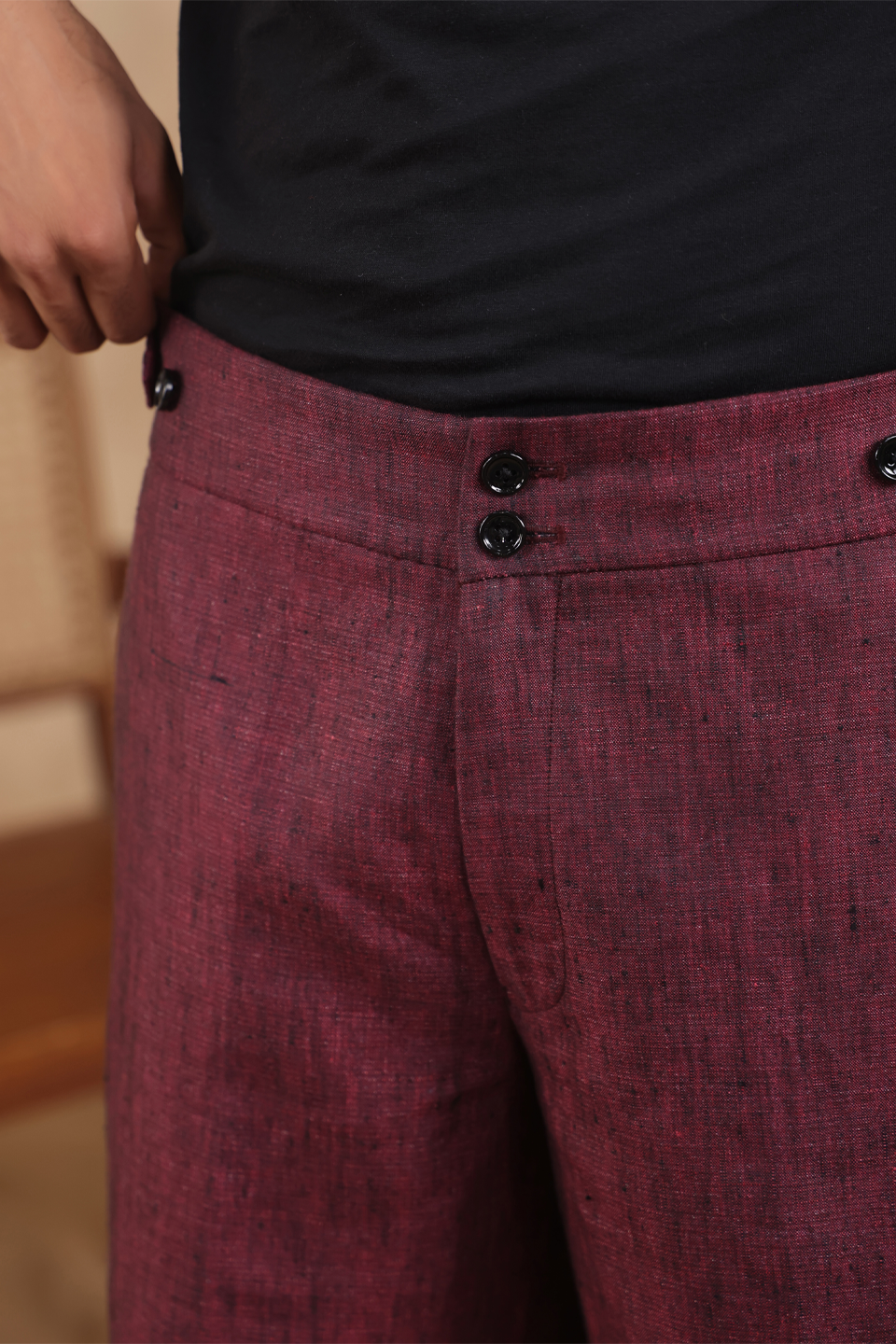 Wine Waist Button Linen Shorts