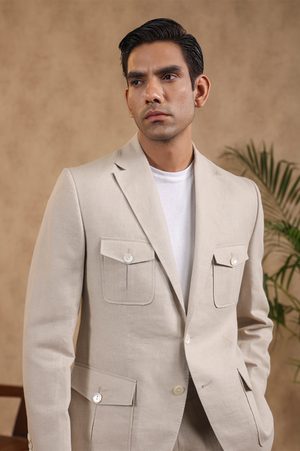 Beige Four Patch Pocket Half Lined Blazer
