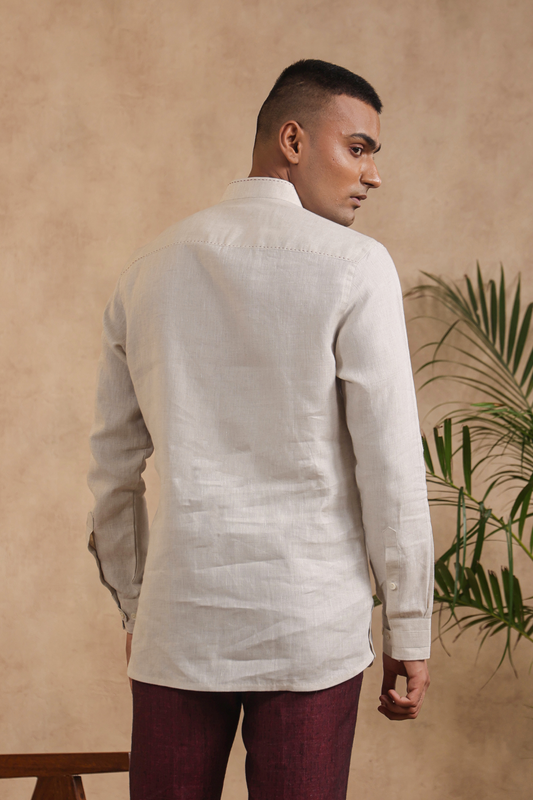 Full Sleeves Mandarin Collar Signature Kurta Shirt With Checkered Yoke