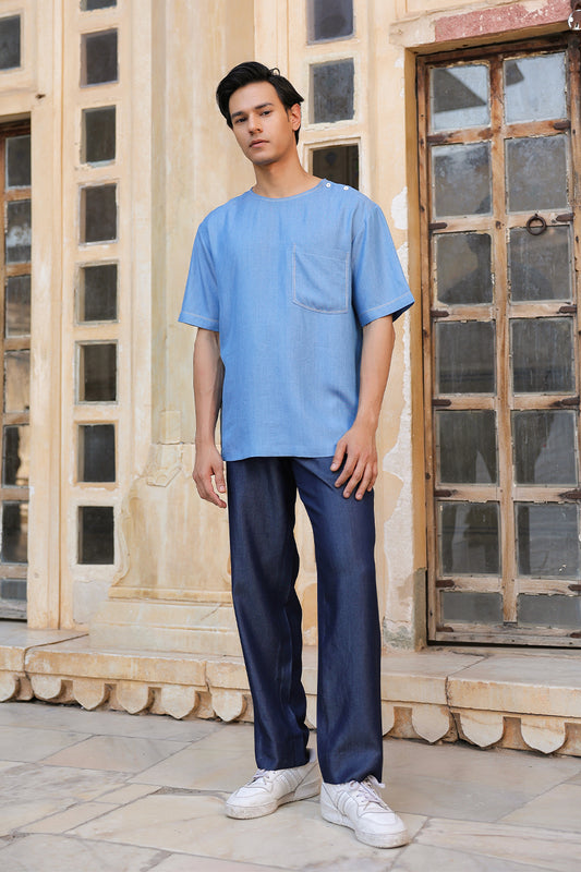 Light Blue Crew Neck Denim T-Shirt