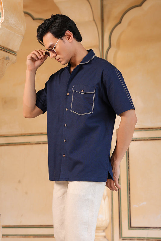 Navy Blue Cuban Collar Shirt