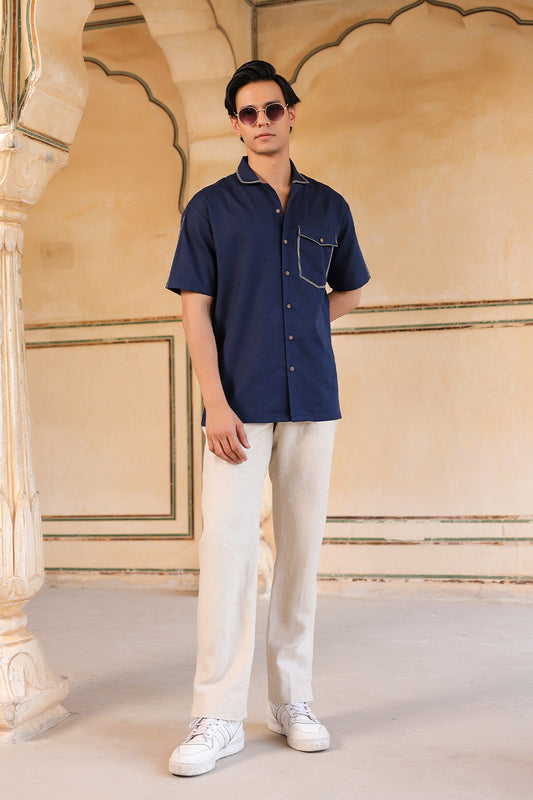 Navy Blue Cuban Collar Shirt