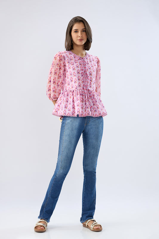 Pink Floral Tie-up Peplum Top