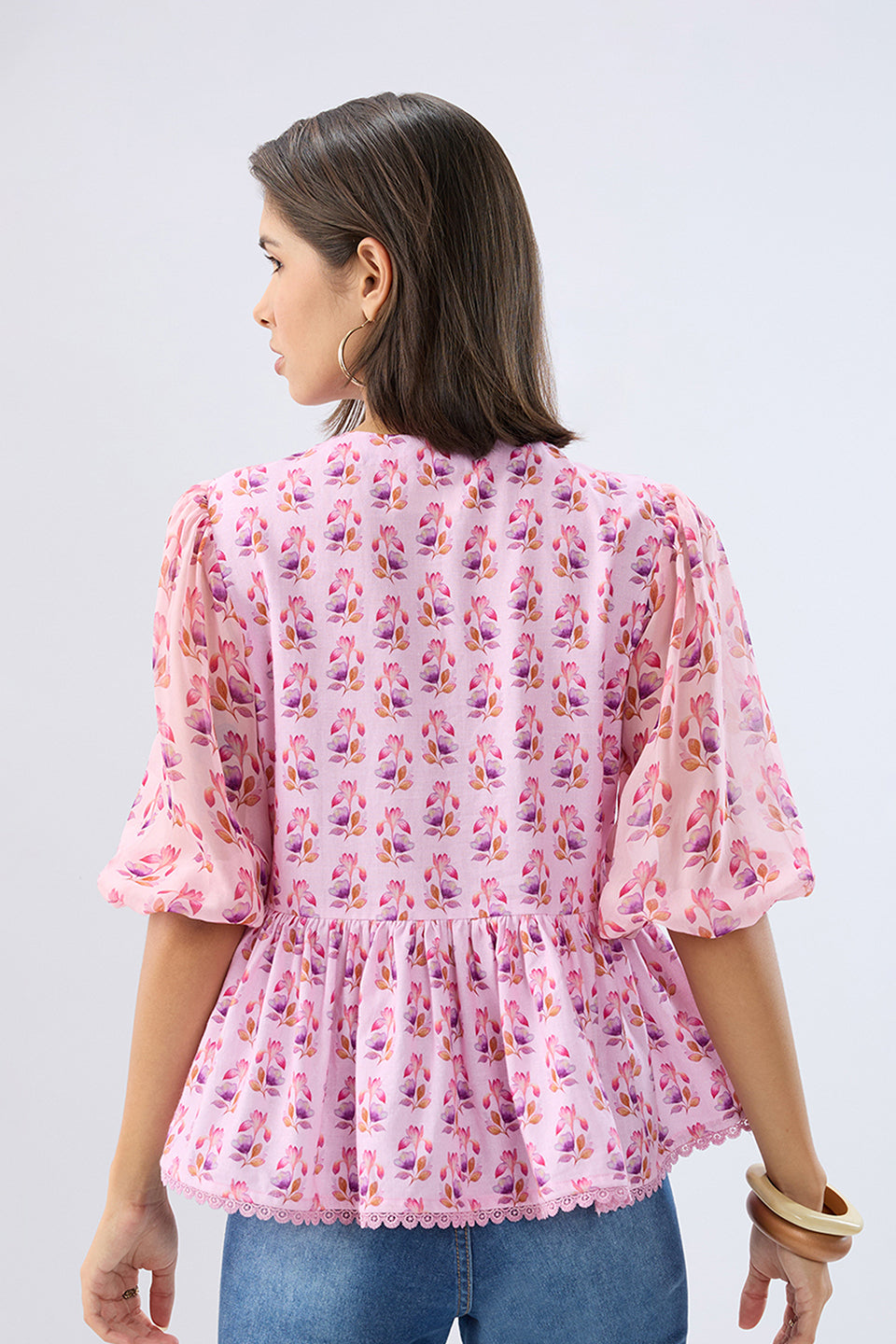 Pink Floral Tie-up Peplum Top