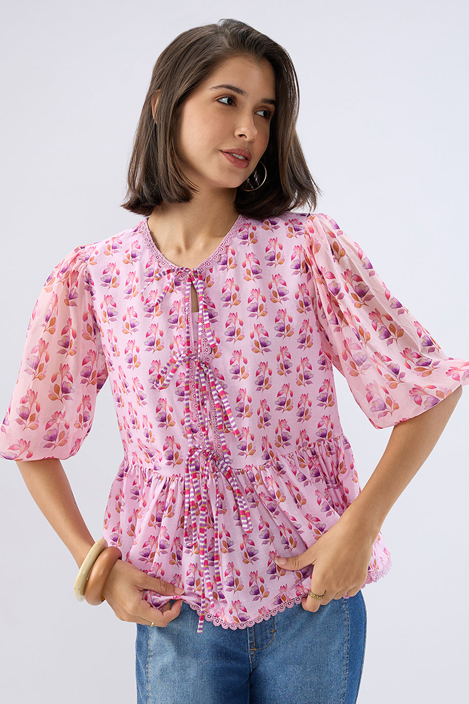 Pink Floral Tie-up Peplum Top