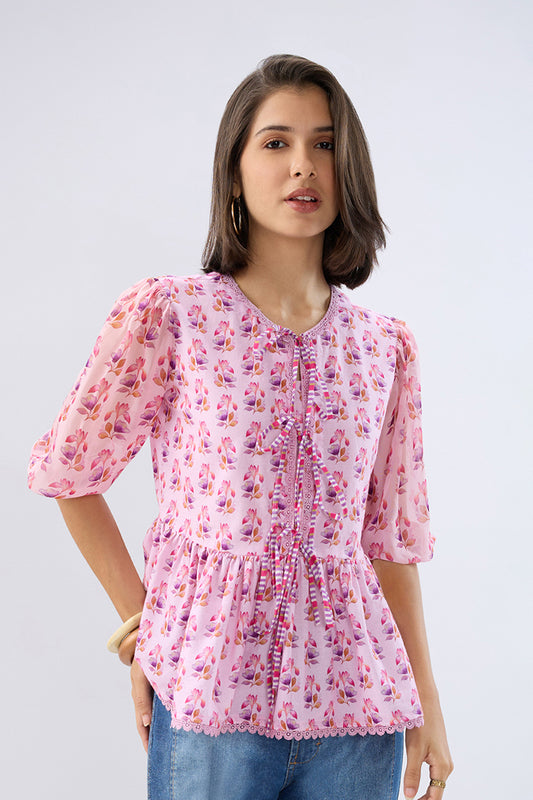 Pink Floral Tie-up Peplum Top