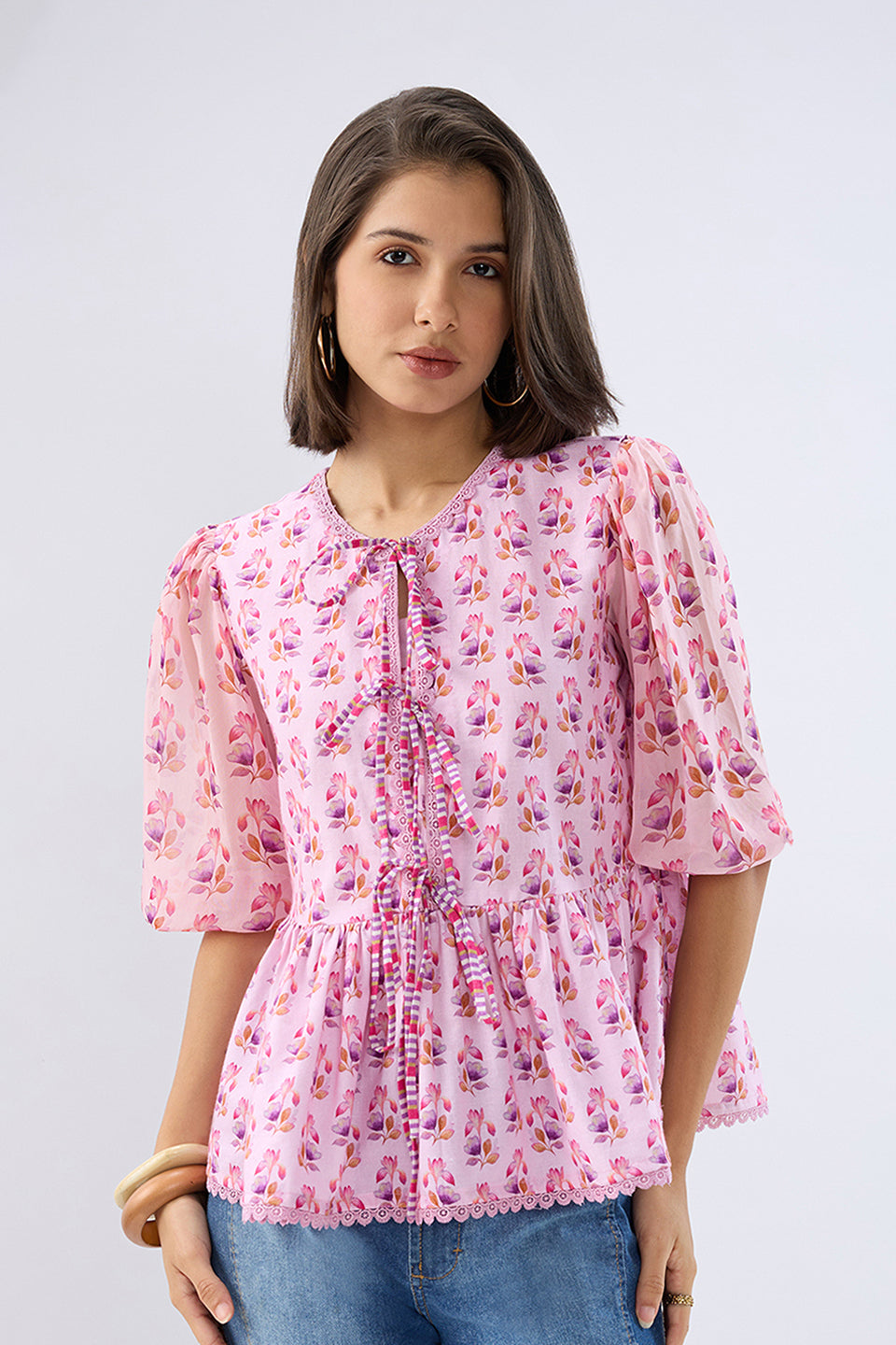 Pink Floral Tie-up Peplum Top
