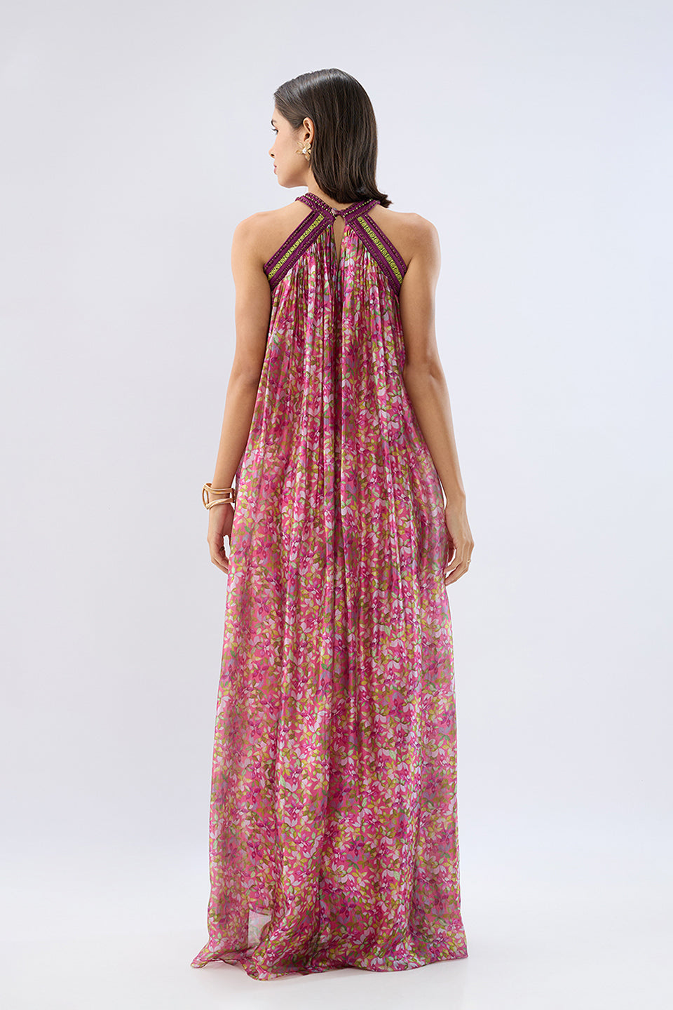Pink Halter Neck Floral Maxi Dress