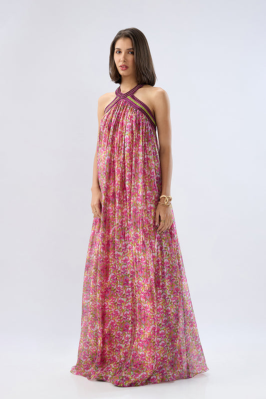 Pink Halter Neck Floral Maxi Dress