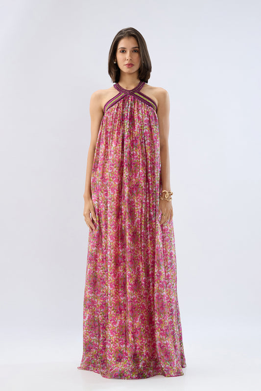 Pink Halter Neck Floral Maxi Dress