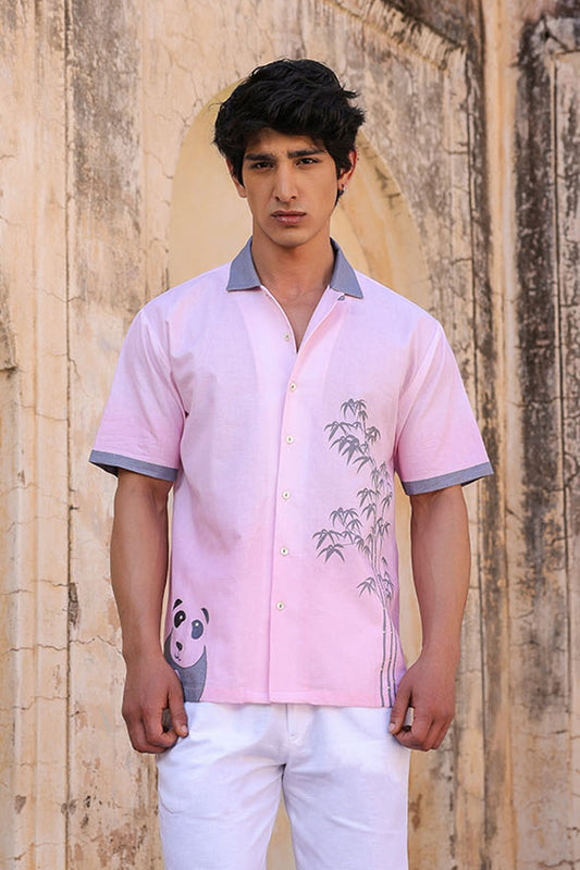 Pink Embroidered Cuban Collar Shirt Panda
