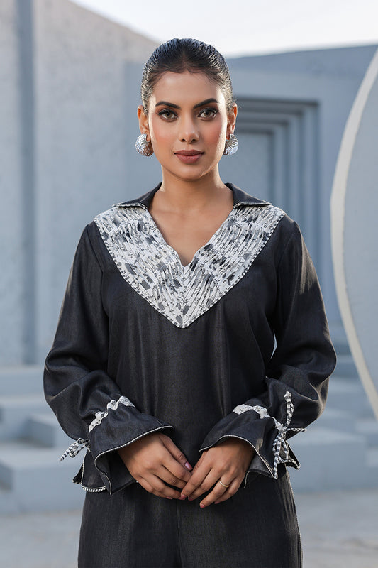 Azure Pintuck V Neck Top