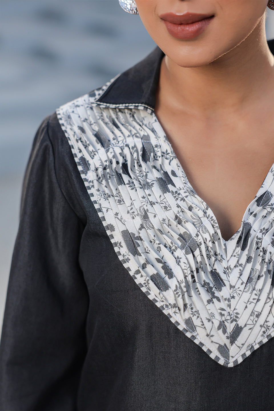 Azure Pintuck V Neck Top