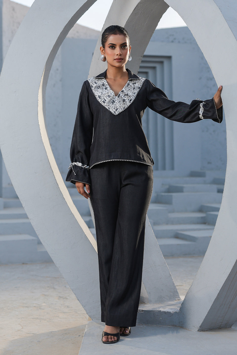 Azure Pintuck V Neck Top