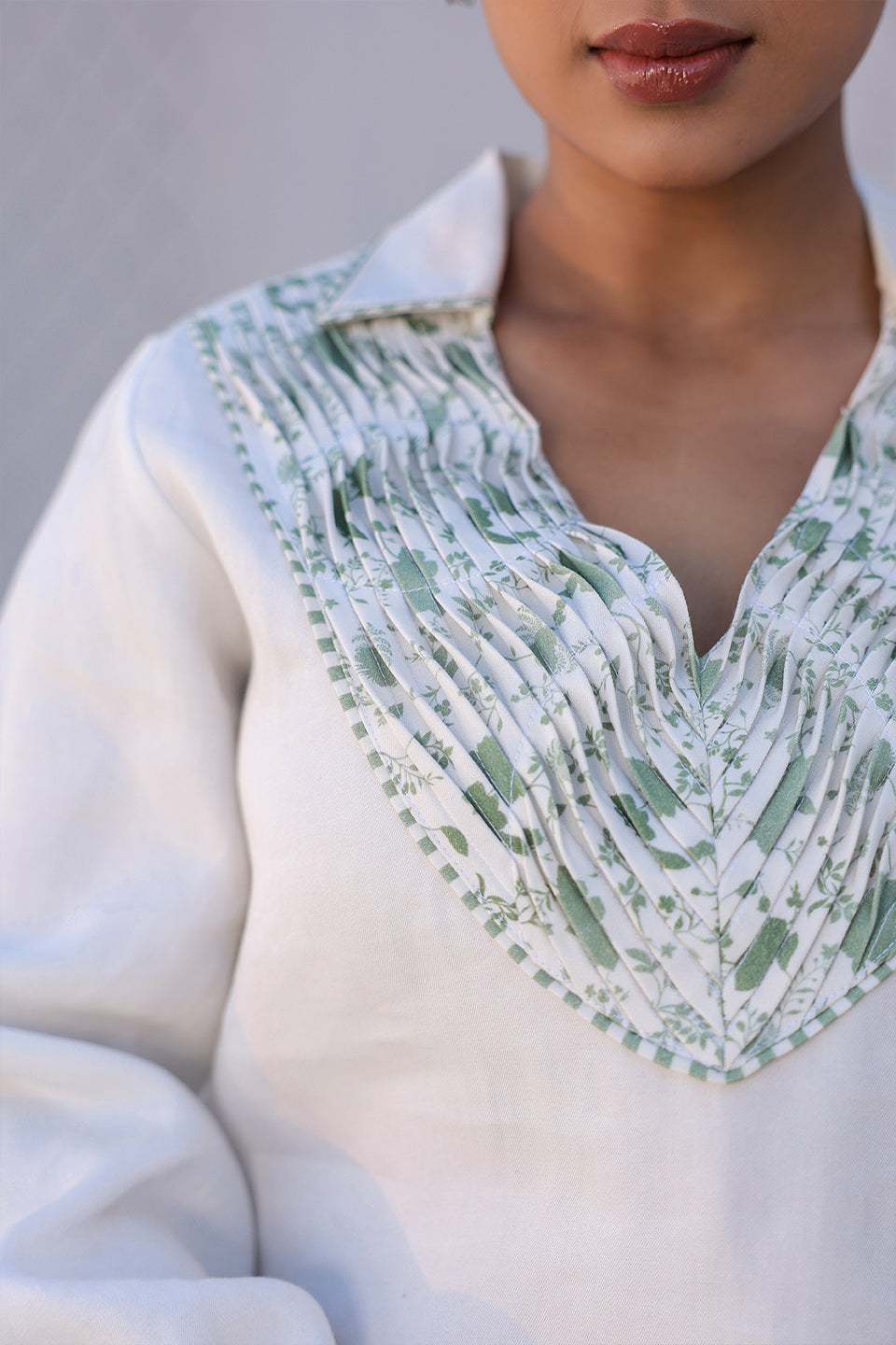 Azure Pintuck V Neck Top
