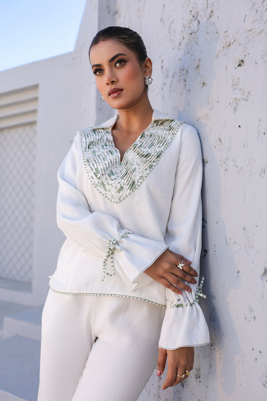 Azure Pintuck V Neck Top