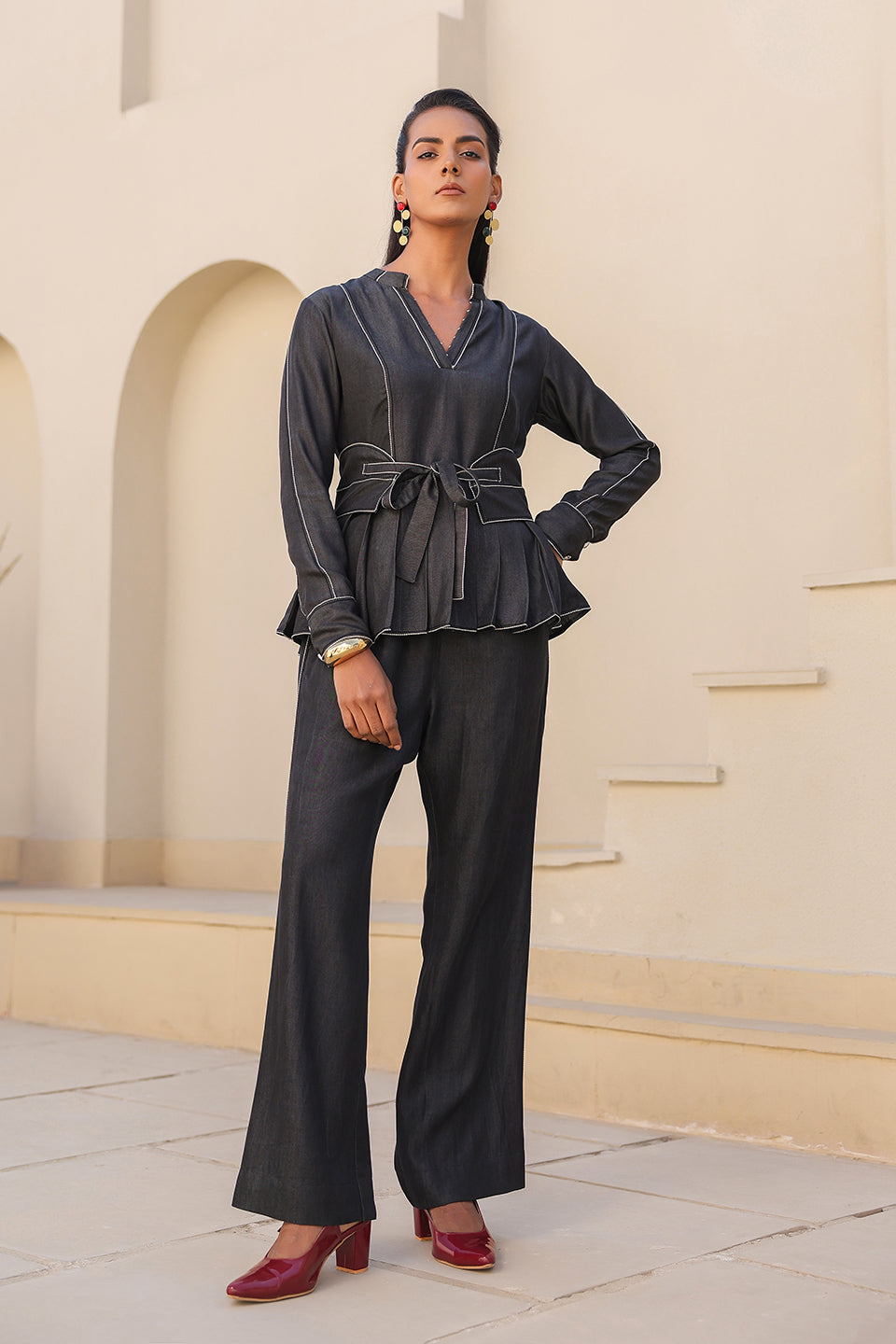 Azure Pleated Peplum Top