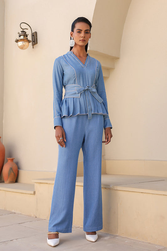 Azure Pleated Peplum Co-ord Set