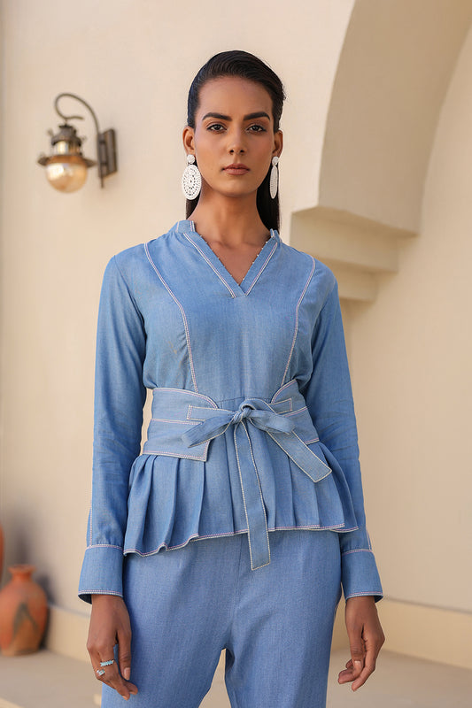 Azure Pleated Peplum Co-ord Set