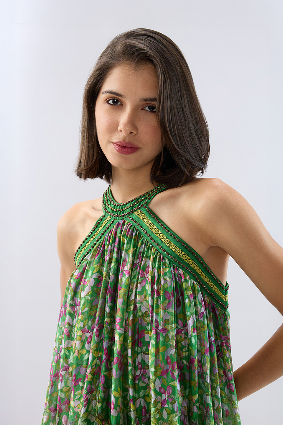 Dark Green Halter Neck Floral Maxi Dress