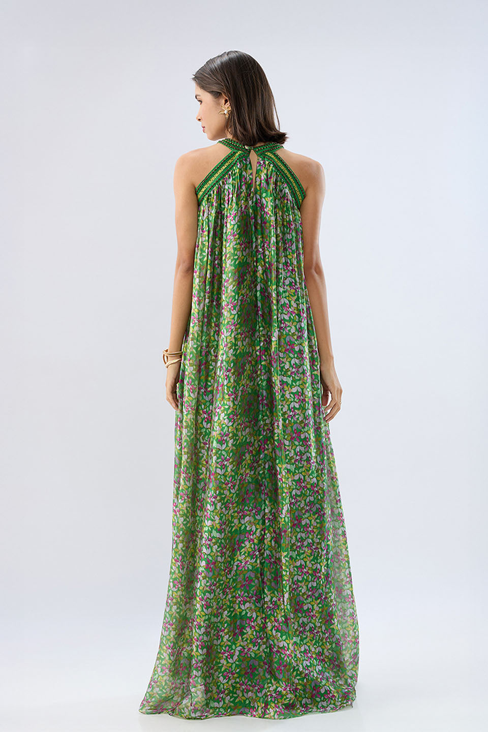 Dark Green Halter Neck Floral Maxi Dress