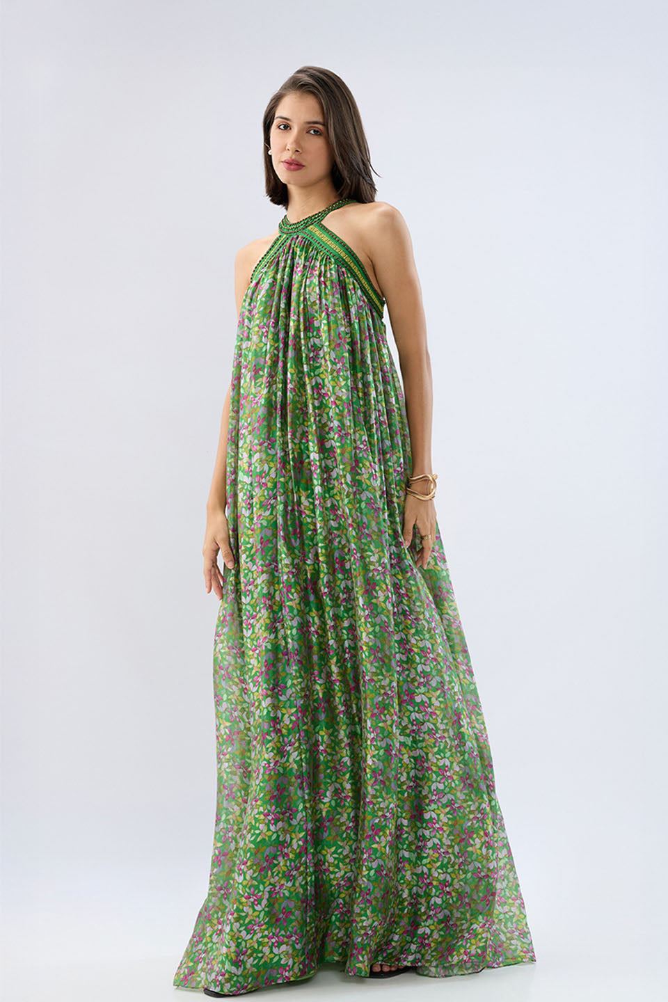 Dark Green Halter Neck Floral Maxi Dress