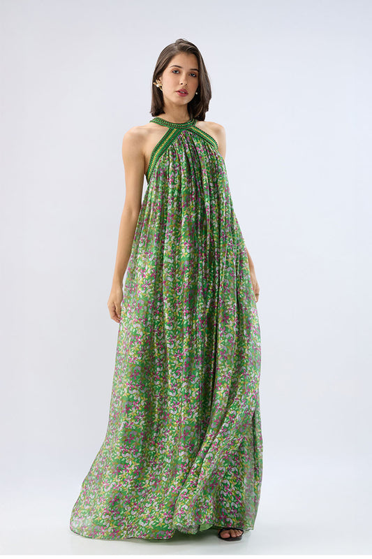 Dark Green Halter Neck Floral Maxi Dress