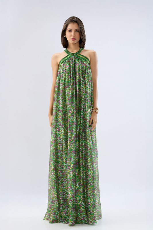 Dark Green Halter Neck Floral Maxi Dress