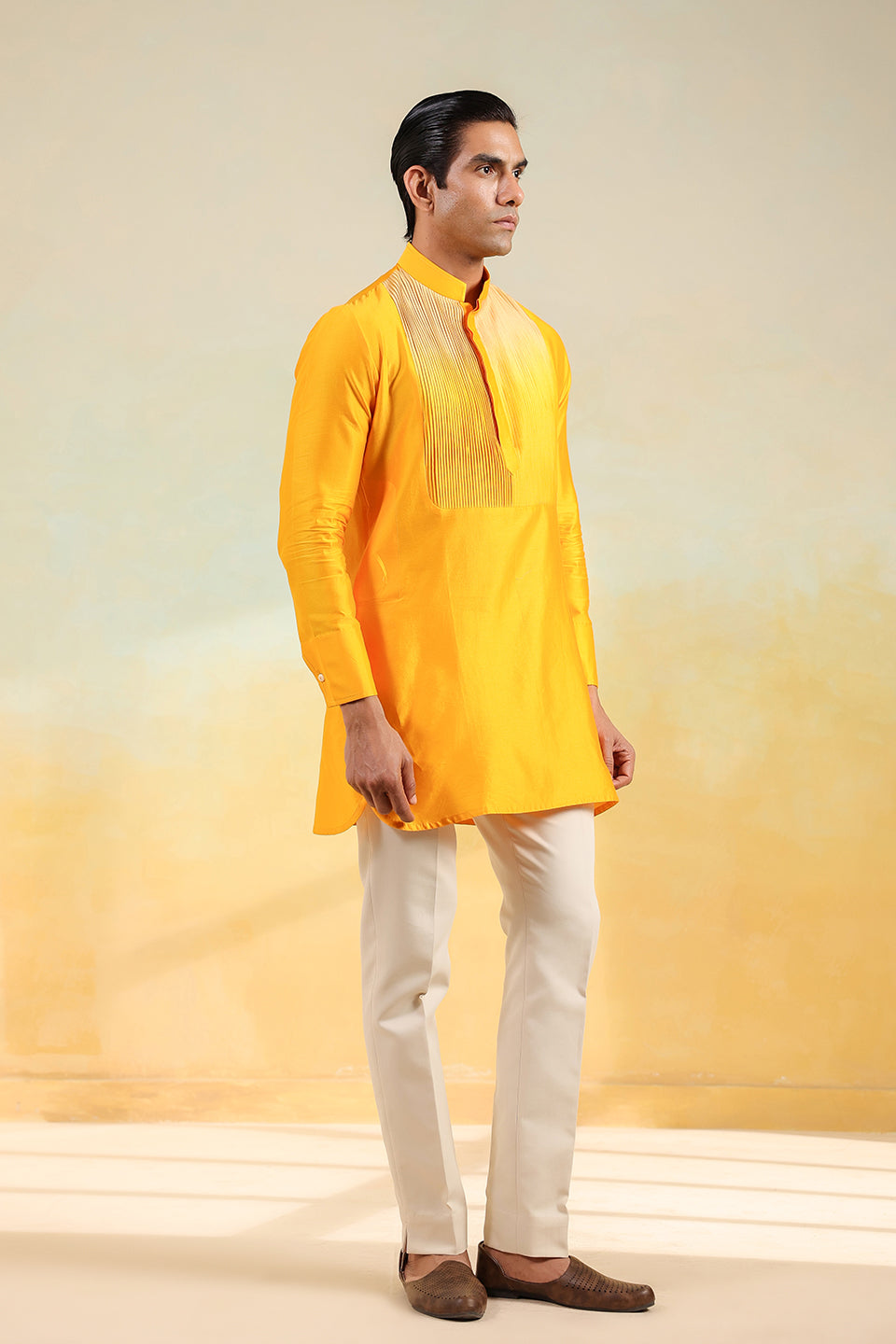 Yellow Pintuck Ombré Silk Kurta