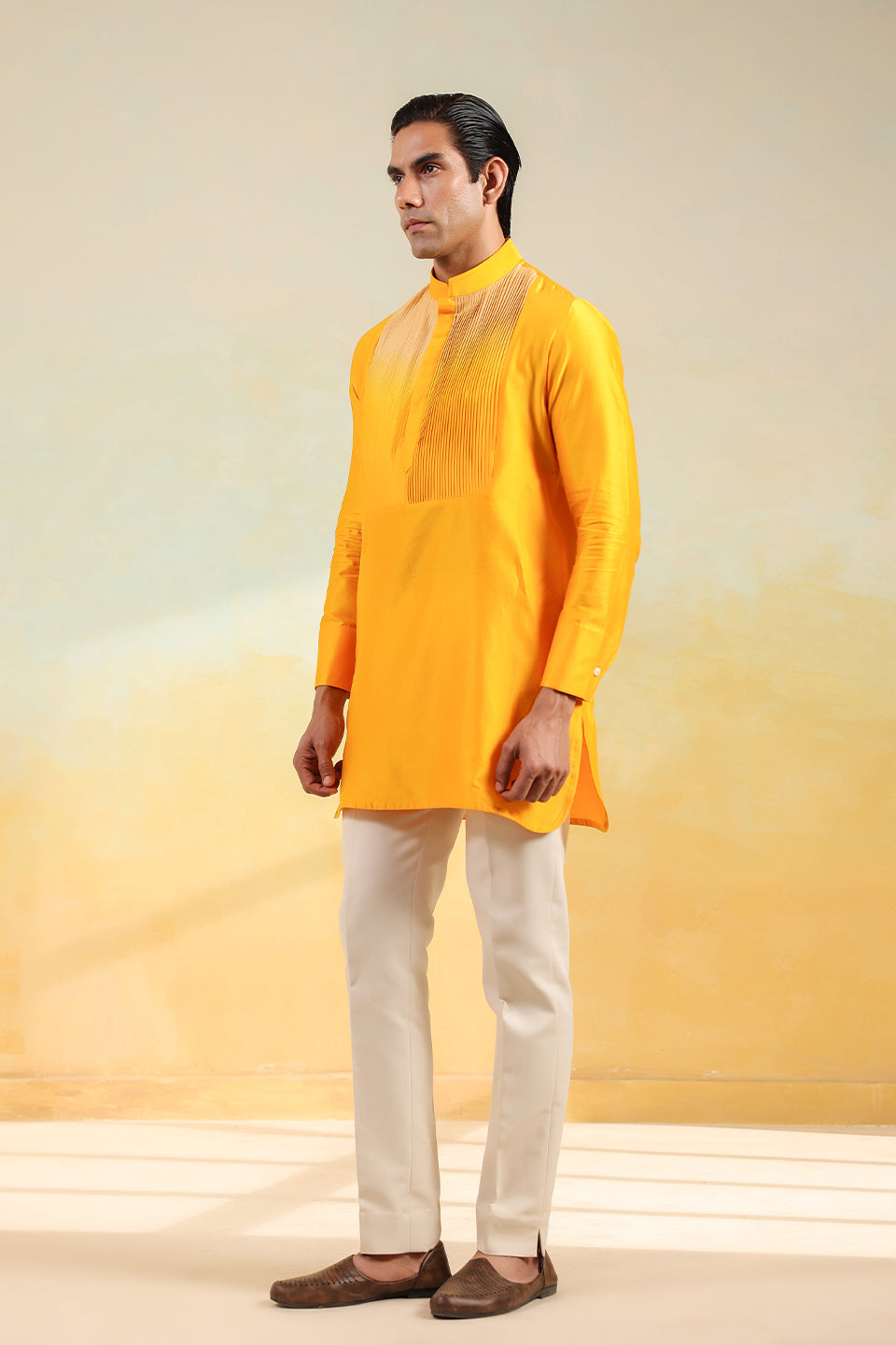 Yellow Pintuck Ombré Silk Kurta