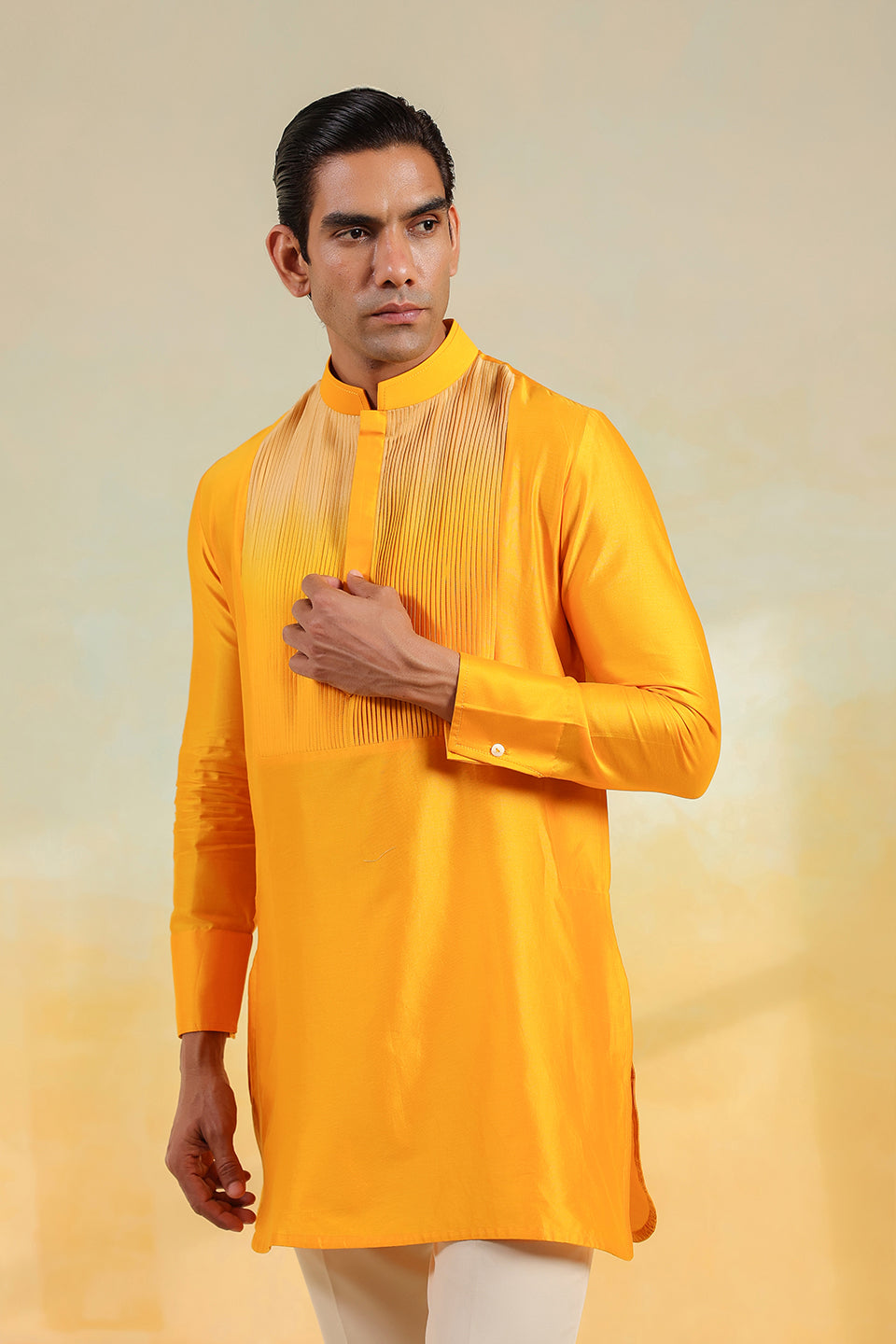Yellow Pintuck Ombré Silk Kurta